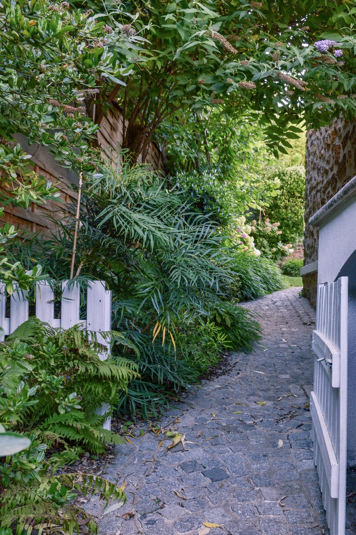Allée pavée bordée de plantations le long de la maison à Juvisy-sur-Orge